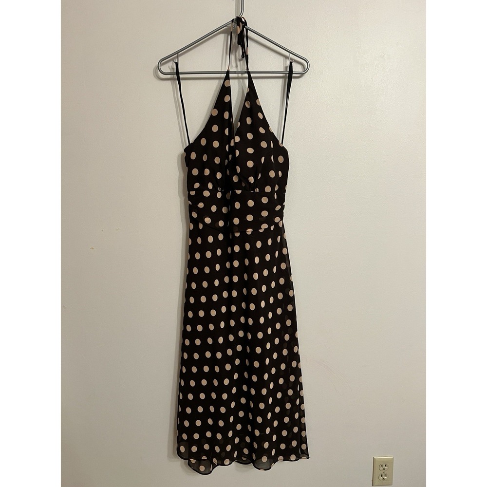 Vtg Rabbit Rabbit Rabbit Designs Brown Cream Polka Dot Halter A-Line Dress Sz 14 - Picture 1 of 9